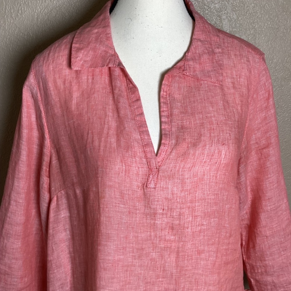 Sigrid Olsen Women's Coral Pink 100% Linen Split Neck Tunic Top, Side Ties Small - Picture 2 of 7